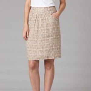 Boden Pintuck Printed Linen Skirt Caramel/Tan & White Knee Length